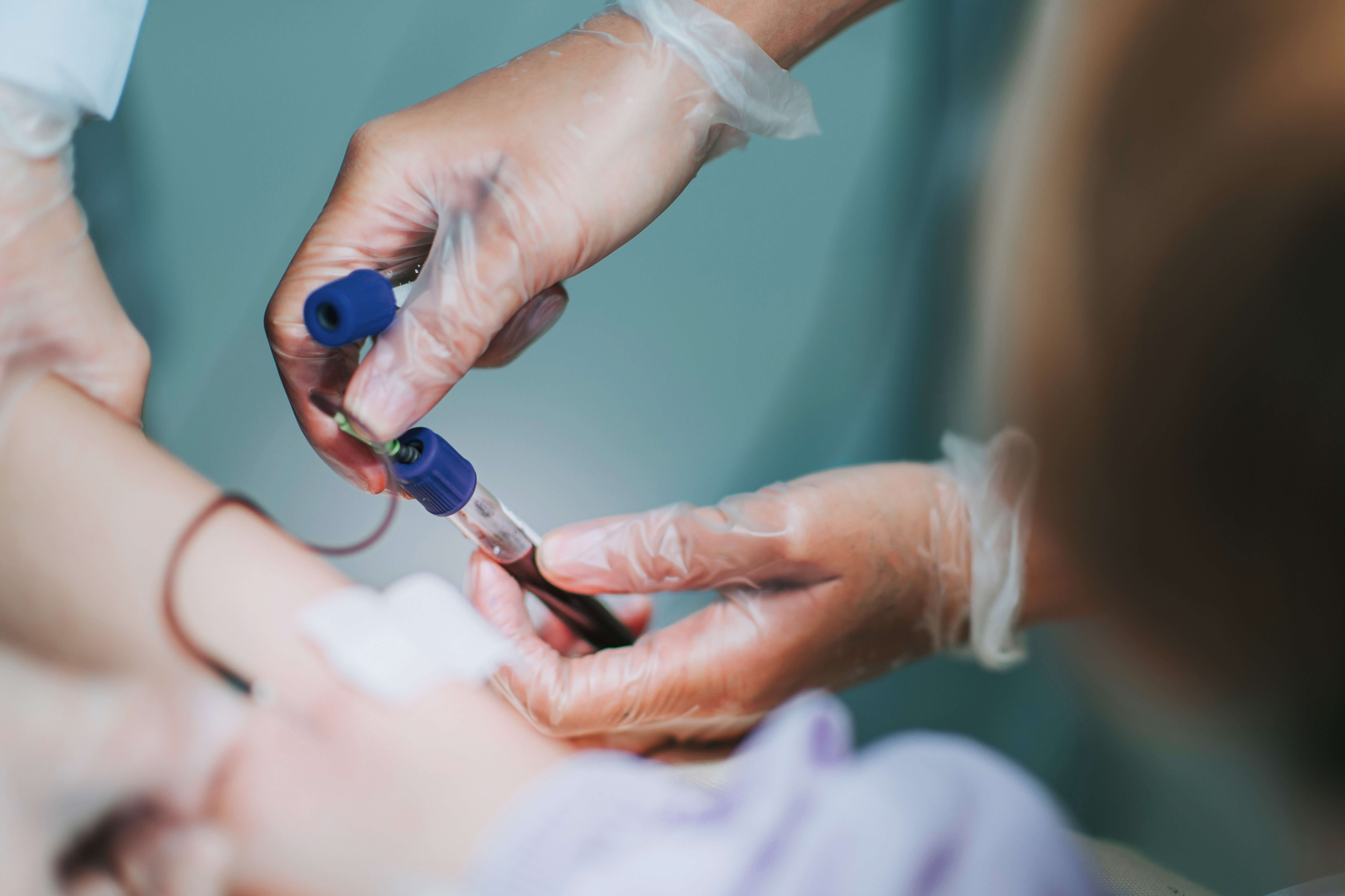 close of of nurses hands taking patients blood