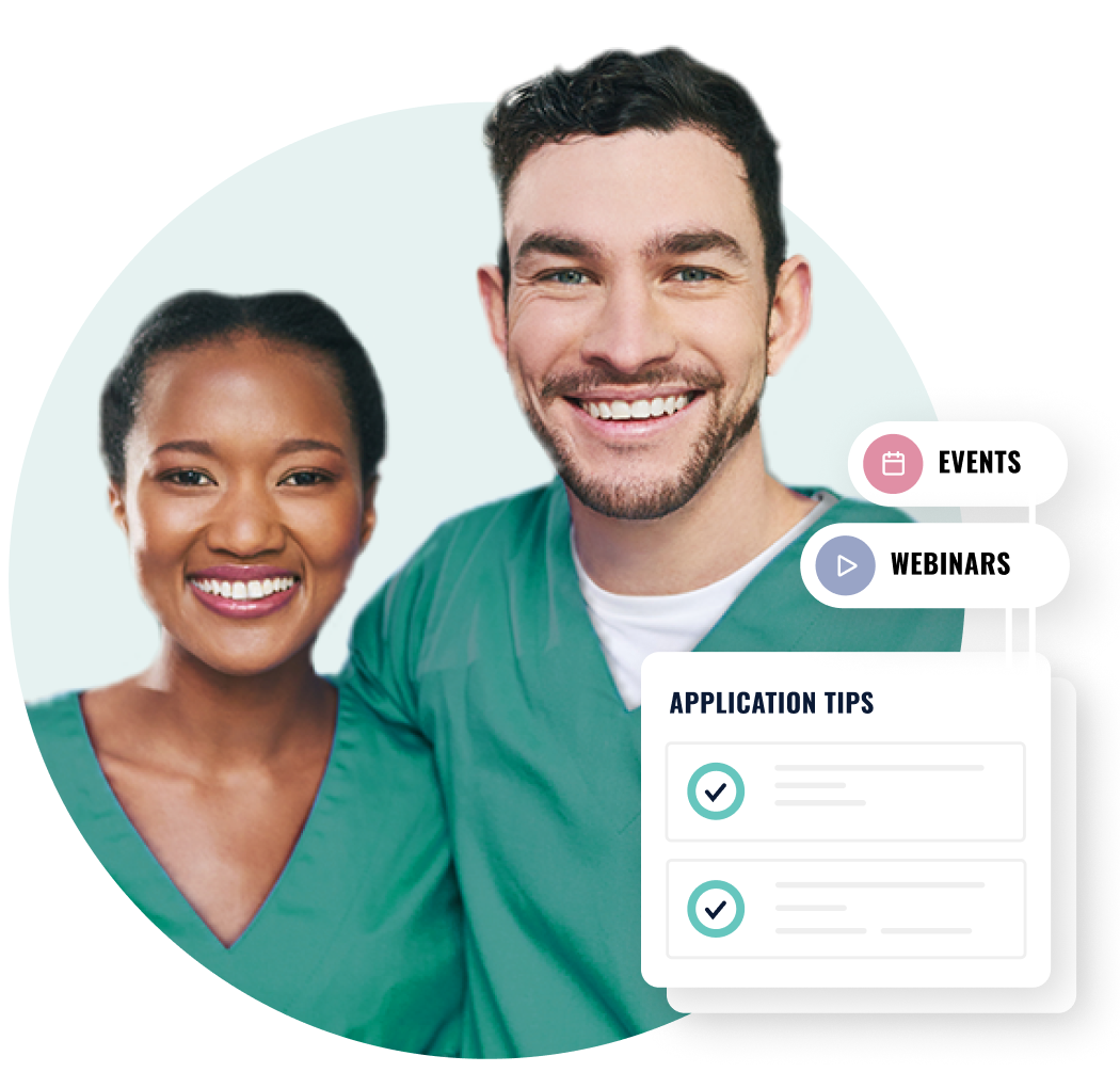 Two nurses smiling with an events, webinars, and application tip call outs