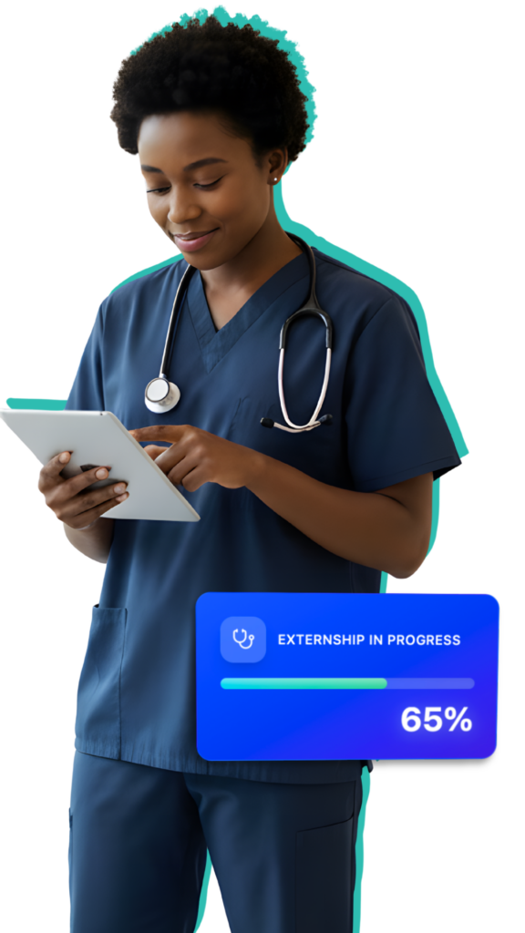 Medical training progress dashboard showing course, exam readiness, EKG assessment, and externship progress.