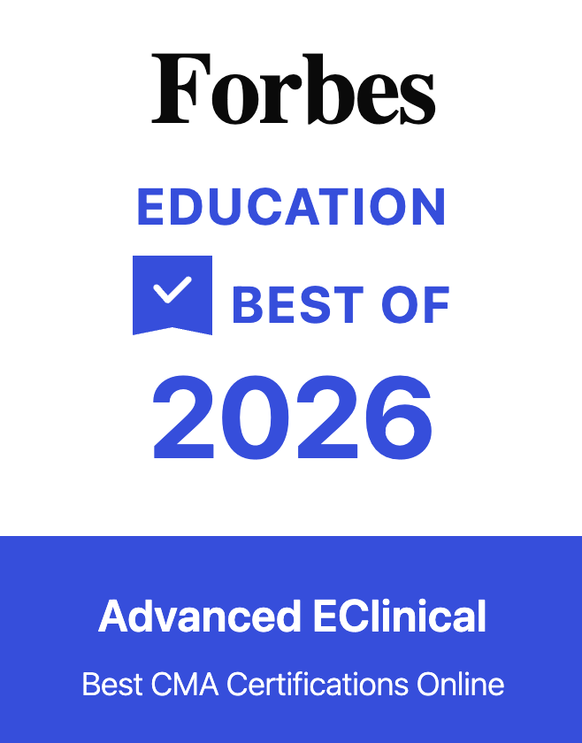 Forbes Education “Best of 2026” badge featuring Advanced eClinical Training as a Best CMA Certifications Online provider.
