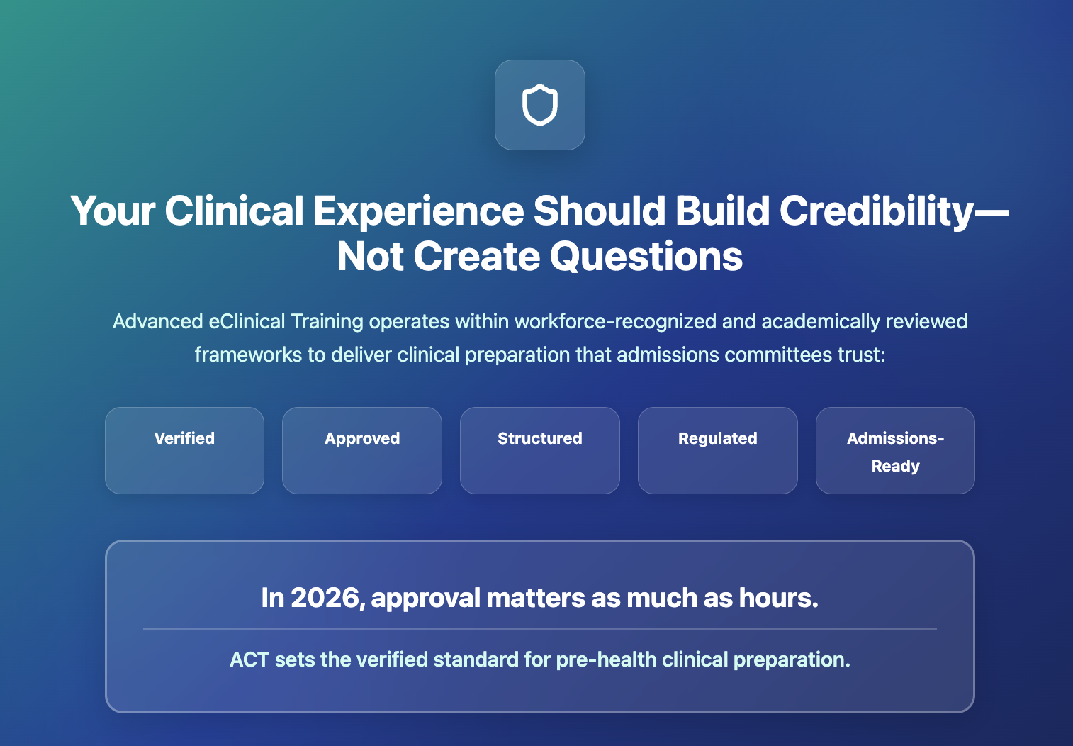 Eligibility comparison banner stating only Advanced eClinical Training holds federal, state, and workforce approvals including DOL, RAP, ETPL, WIOA, and ACE, accepted by admissions committees.