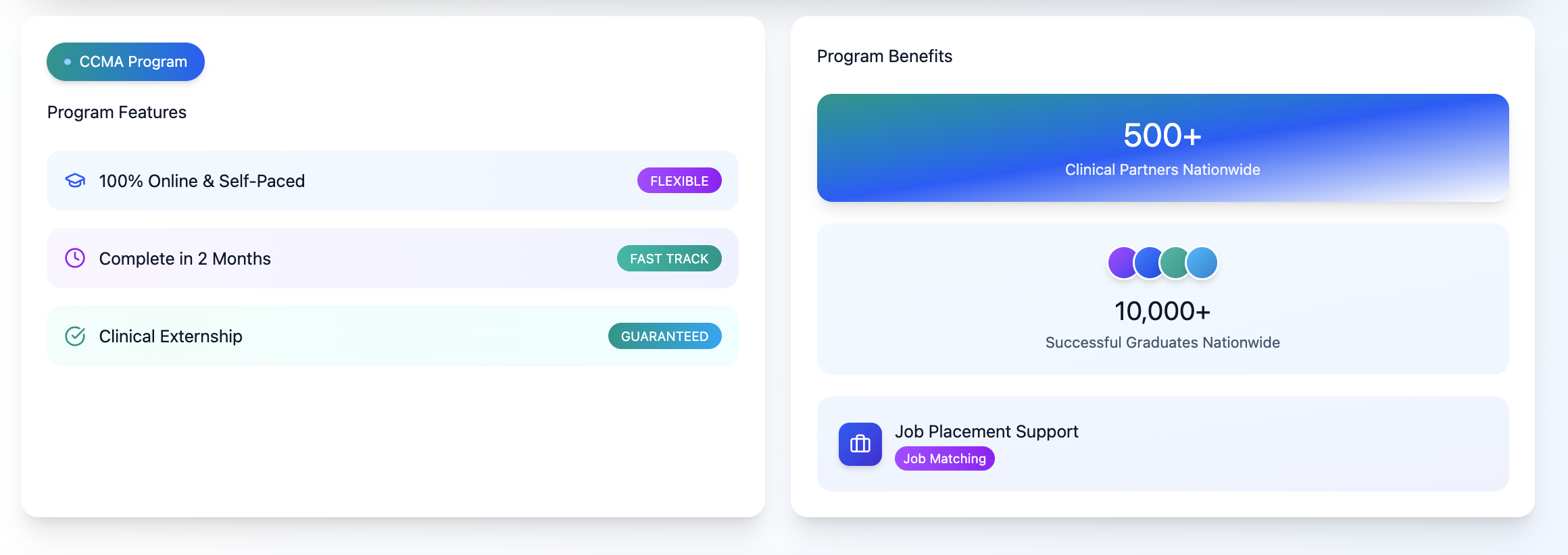 Advanced eClinical Training online CCMA program features showing 100% self-paced learning, 2-month completion, guaranteed clinical externship, nationwide clinical partners, graduate success, and job placement support.
