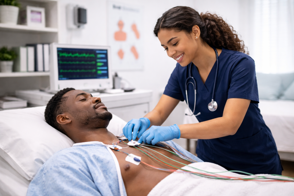 Medical assistant performing an EKG on a patient during hands-on training in a medical assistant program with EKG training