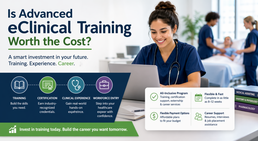 Is Advanced eClinical Training worth the cost visual showing medical assistant student and pathway from training to certification, clinical experience, and workforce entry