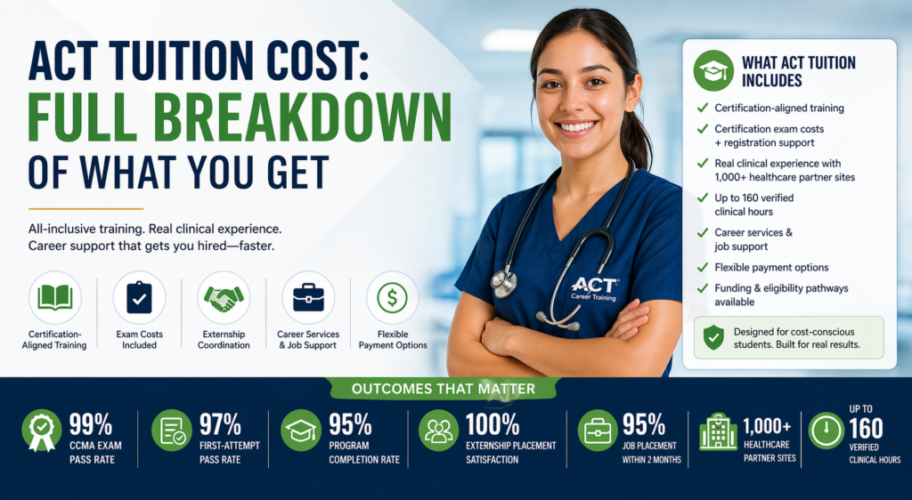 ACT tuition cost breakdown with training, exam fees, externship, career support, and student success outcomes
