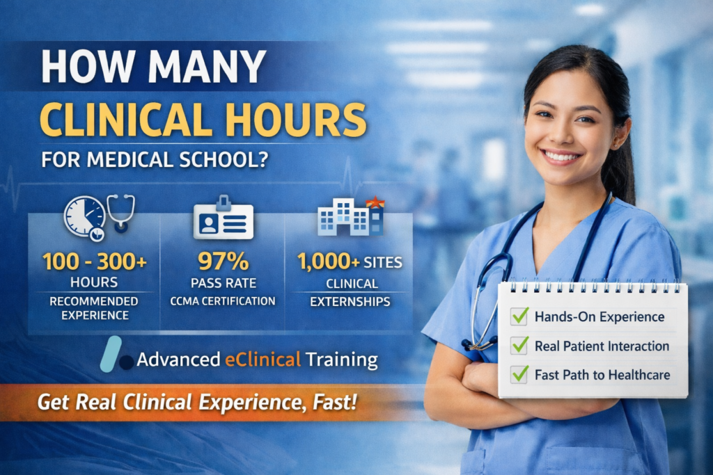 How many clinical hours for medical school infographic showing 100 to 300 plus hours recommended with Advanced eClinical Training and real clinical experience
