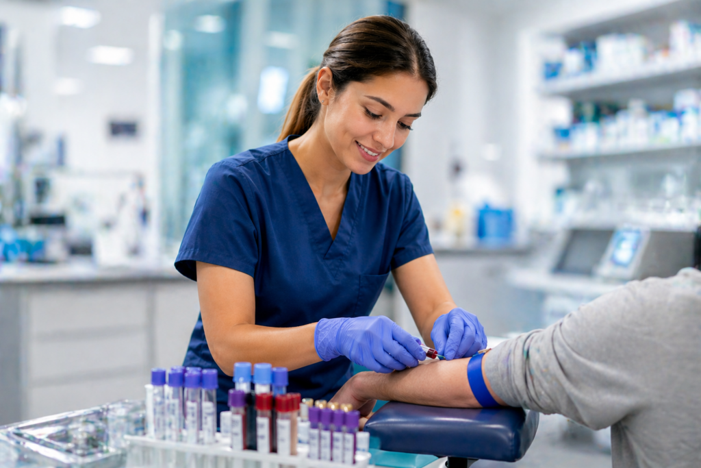 Healthcare professional performing venipuncture representing entry-level healthcare careers in phlebotomy and patient care