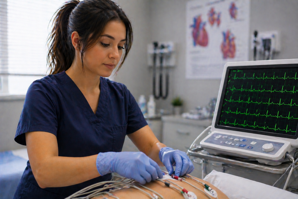 Healthcare student practicing EKG for beginners skills by placing electrodes during cardiac monitoring training