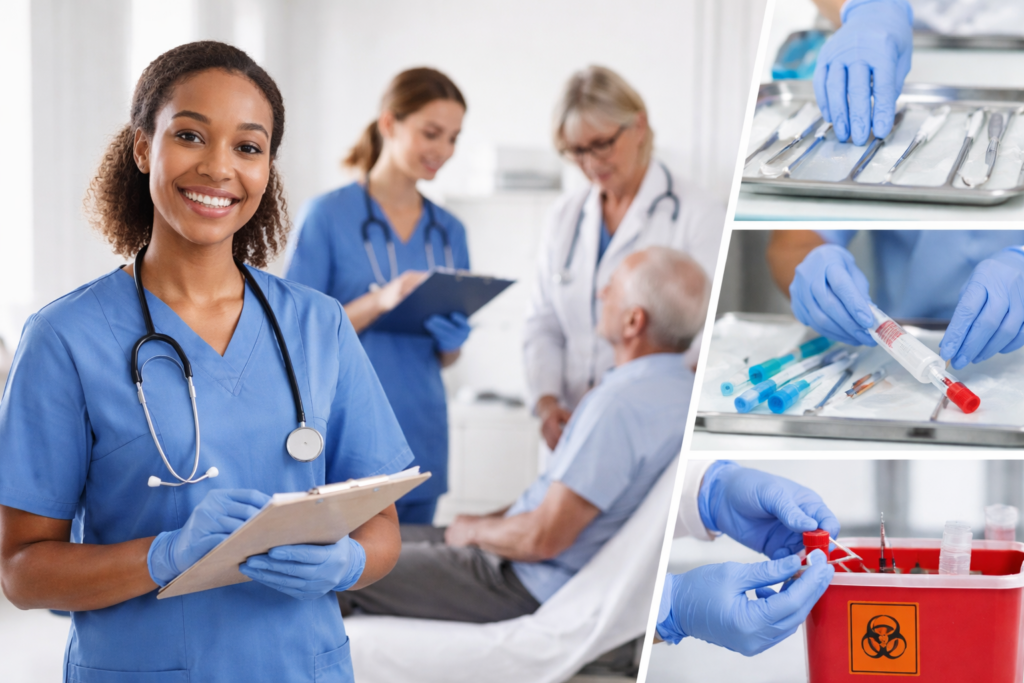 Medical assistant performing infection control skills for medical assistants in a clinical setting