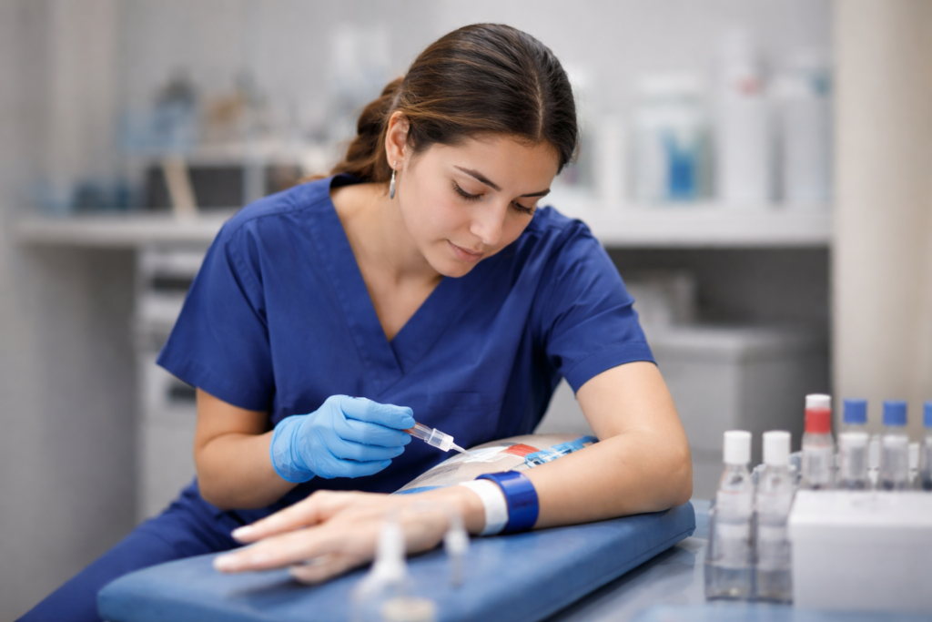 Medical assistant program with externship showing hands-on phlebotomy training in a clinical setting