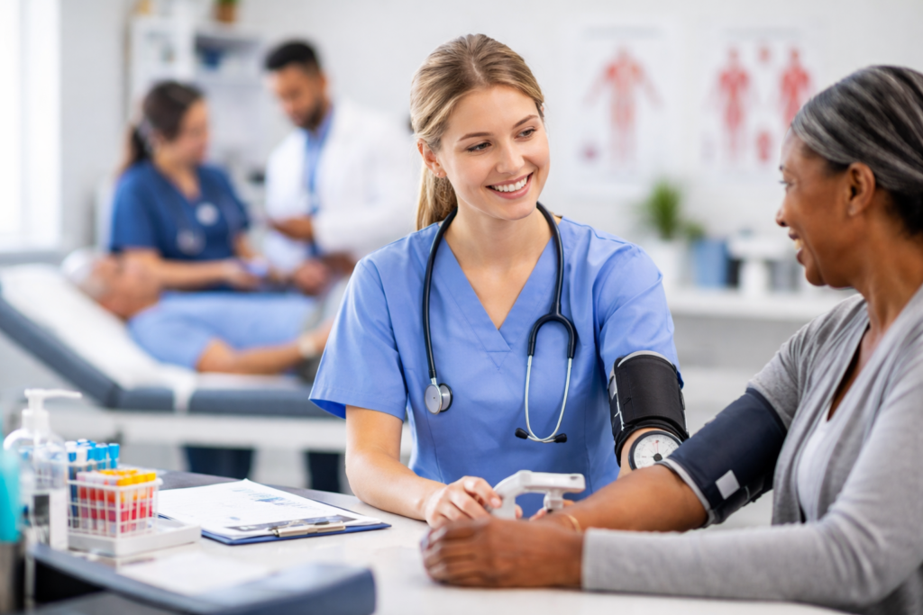 Medical assistant checking a patient’s blood pressure in a clinical exam room while providing care