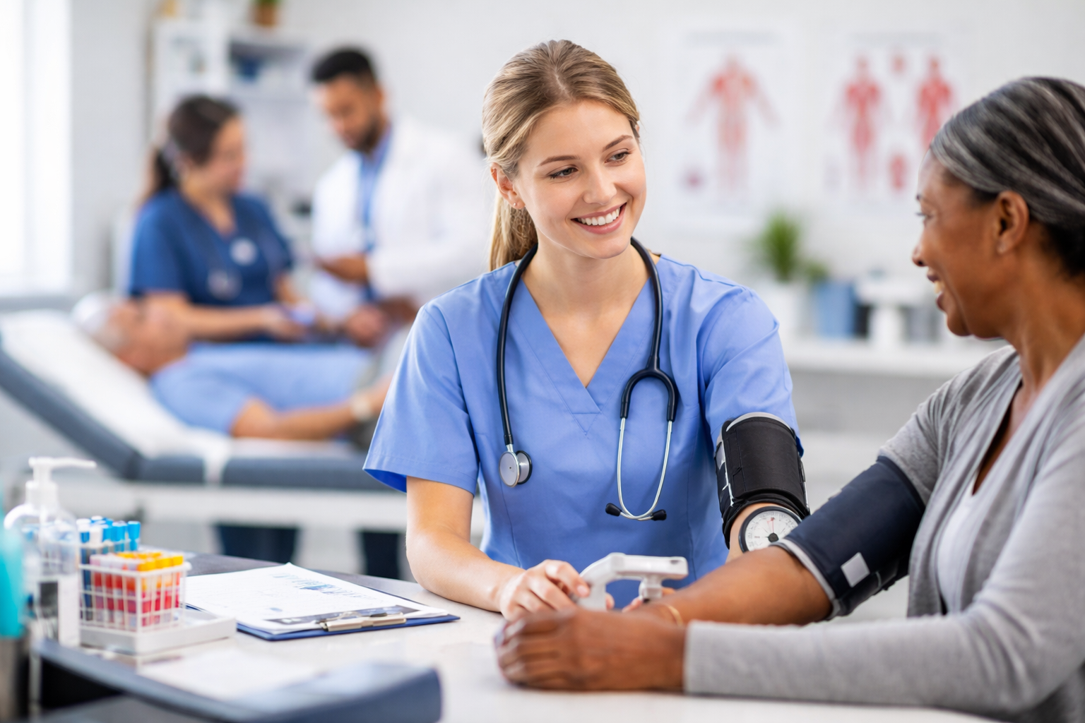 Medical assistant checking a patient’s blood pressure in a clinical exam room while providing care