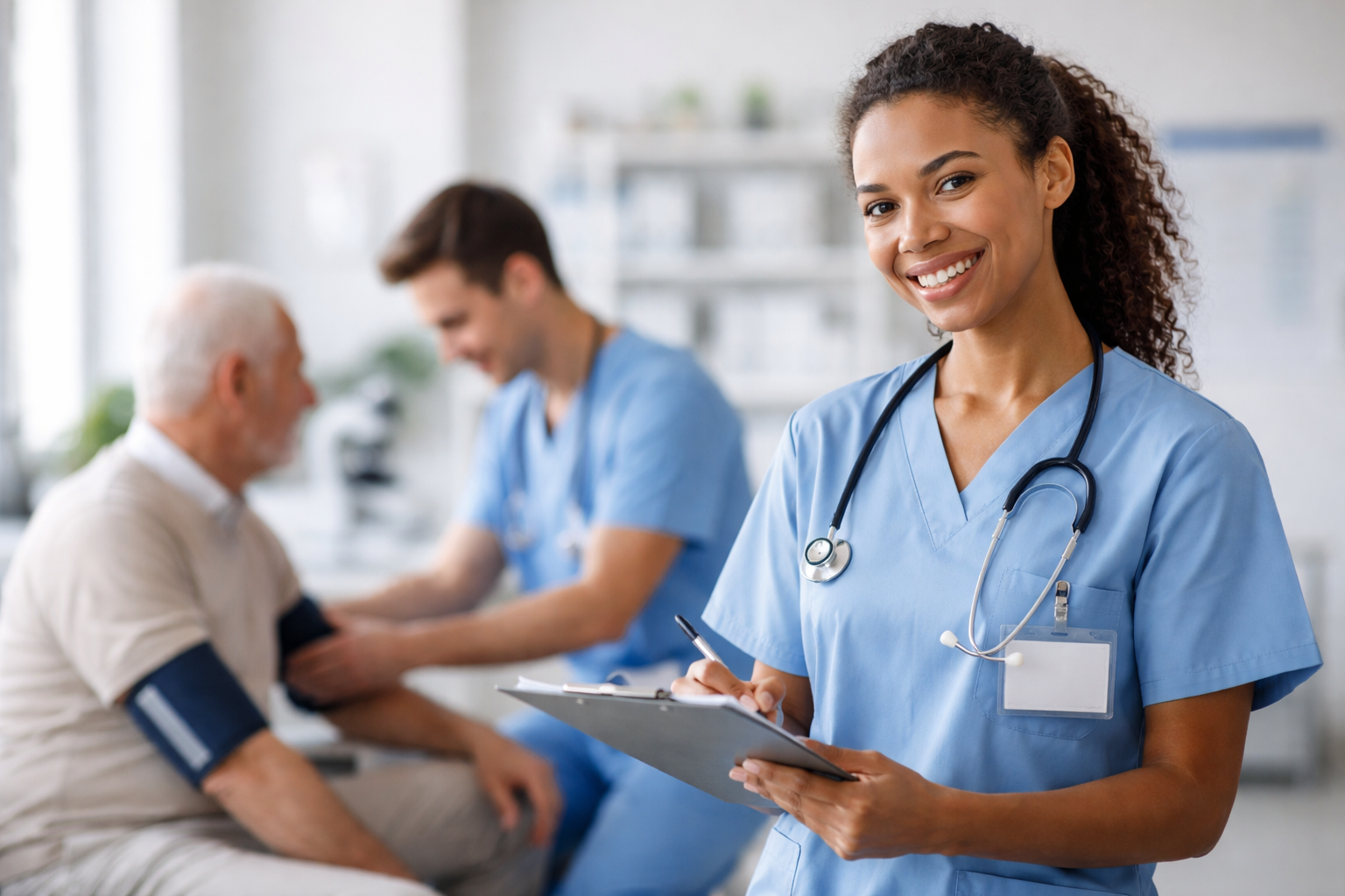 Medical assistant providing patient care in a clinic as part of medical assistant experience for med school