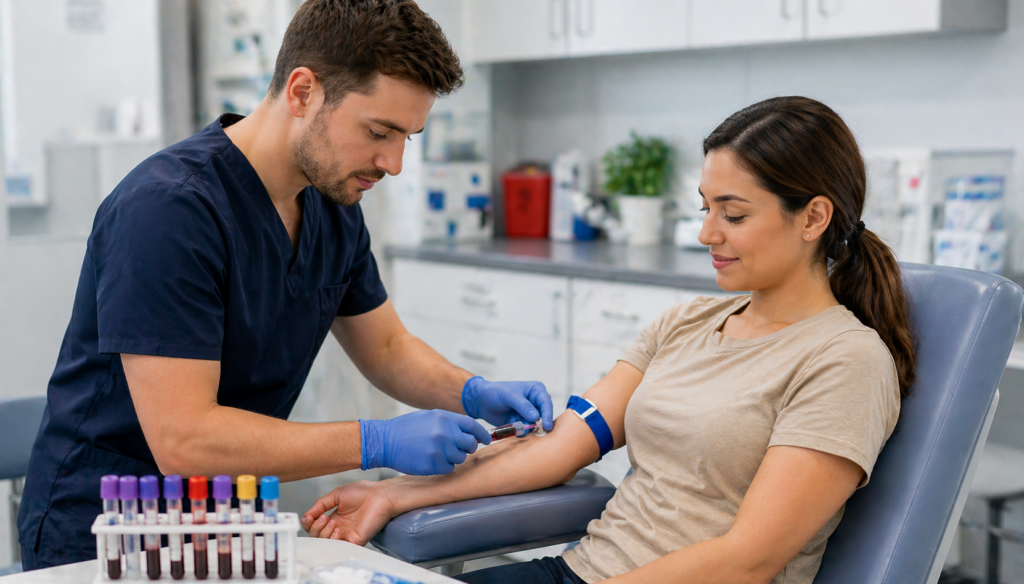 Phlebotomy vs EKG Technician: male medical assistant performing blood draw on patient in clinical setting.