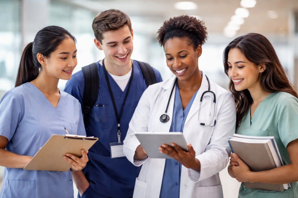 Pre-med students gaining clinical experience for pre-med in a hospital setting while learning from a doctor