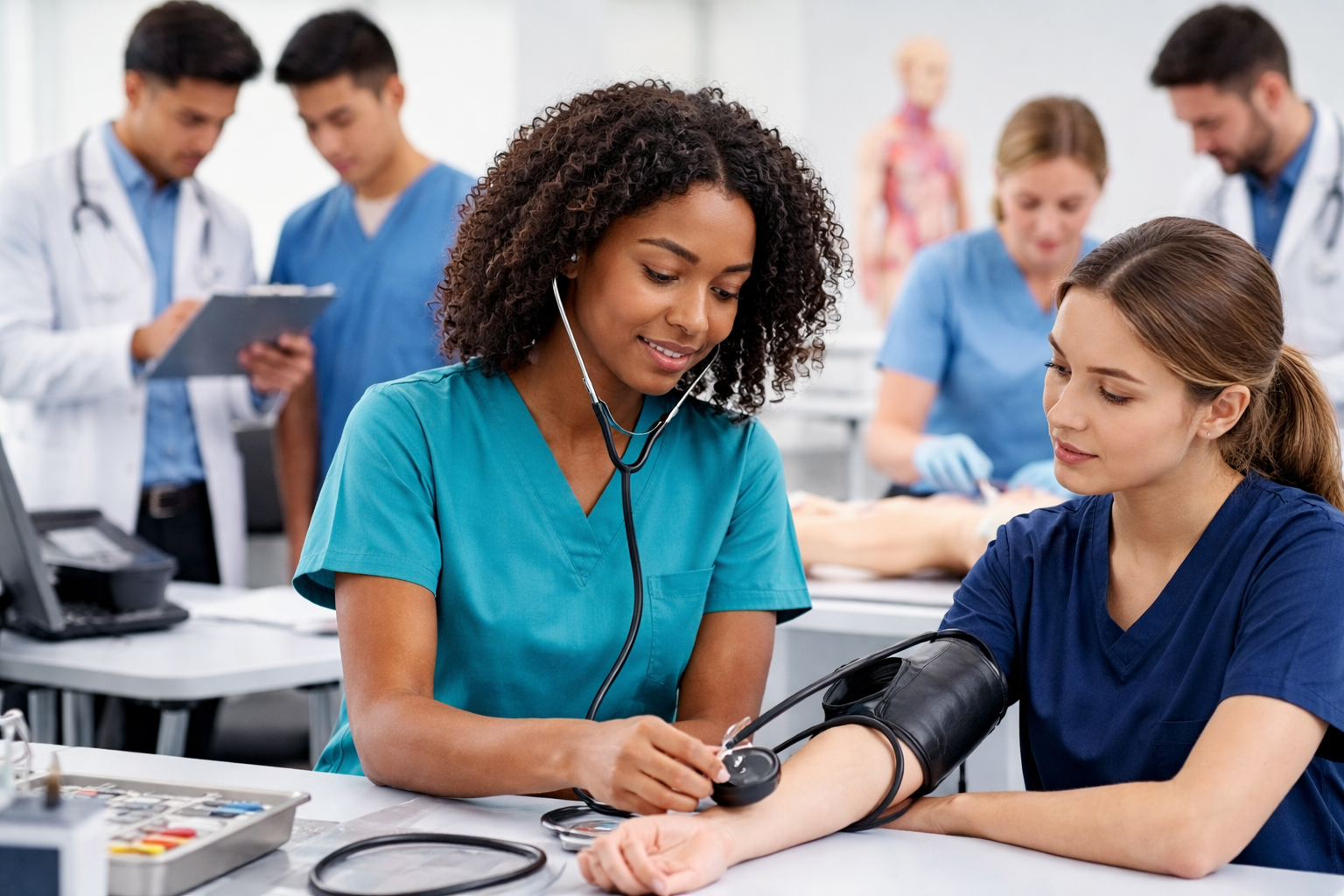 Students practicing clinical skills in a legit Advanced eClinical Training program classroom