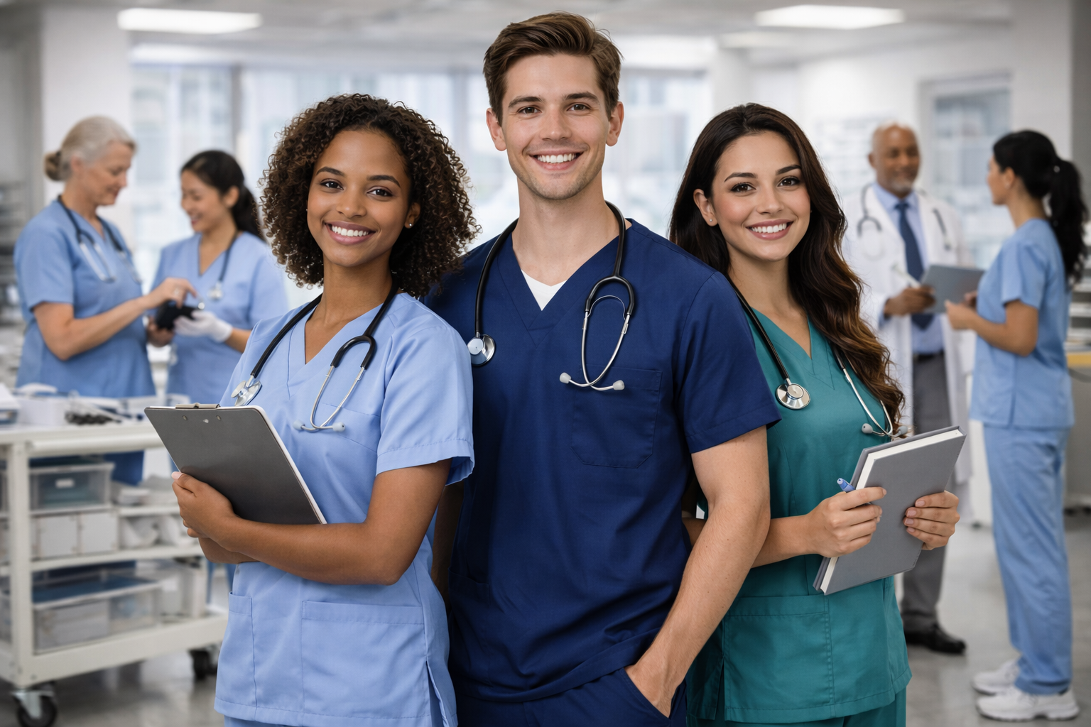 Healthcare students in scrubs gaining clinical experience for the best healthcare certifications for pre-nursing students