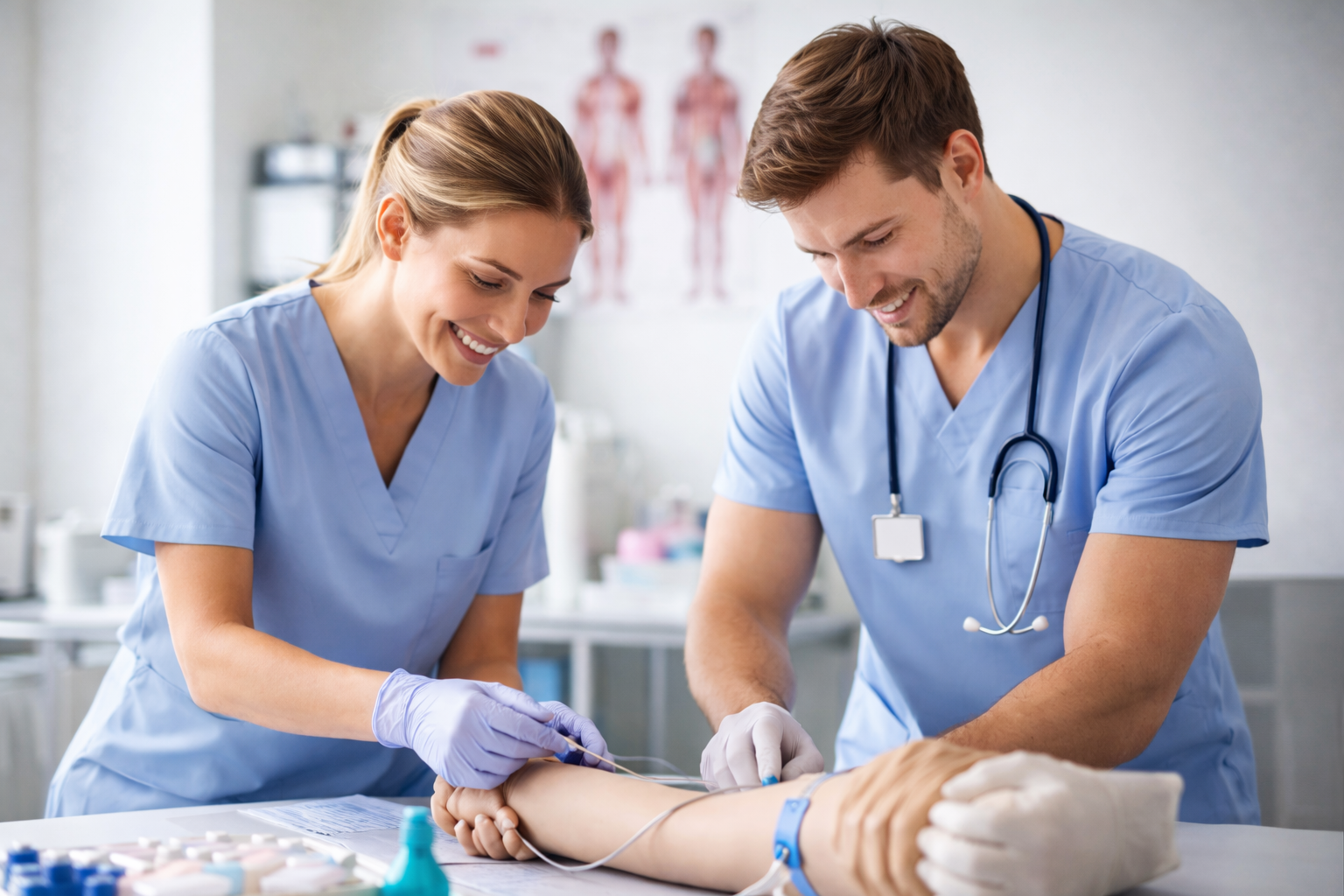 ACT vs Clinical Skills Institute comparison showing medical assistant students practicing IV training on a clinical arm in a hands-on healthcare setting.