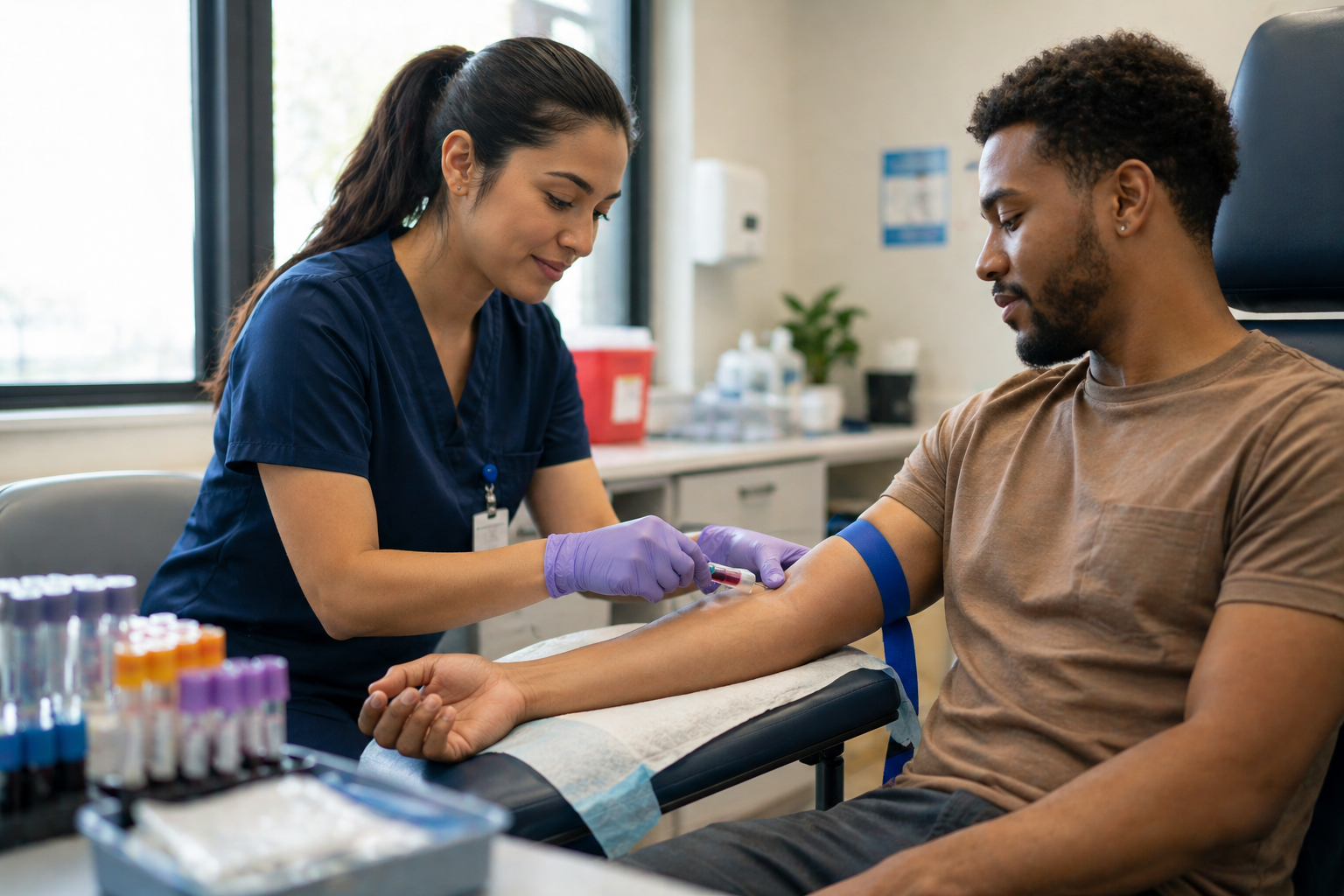 Healthcare professional performing venipuncture techniques during a patient blood draw in a clinical setting