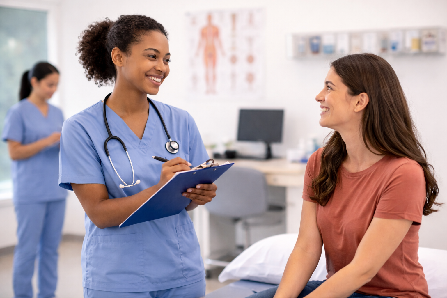 Medical assistant consulting with patient in exam room showing how long Advanced eClinical Training takes to prepare for clinical roles