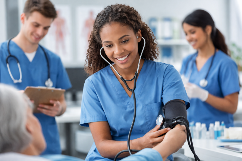 Medical assistant program for pre-med students showing hands-on clinical experience with patient care in a healthcare setting