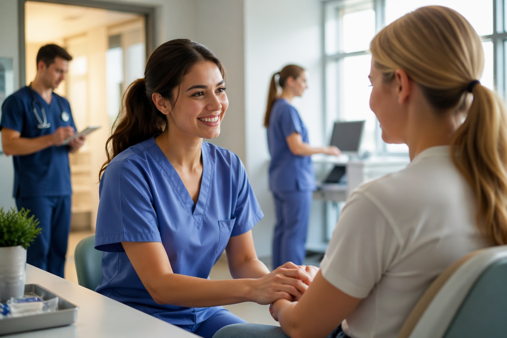 Medical assistant interacting with a patient in a clinic during clinical hours gap year experience