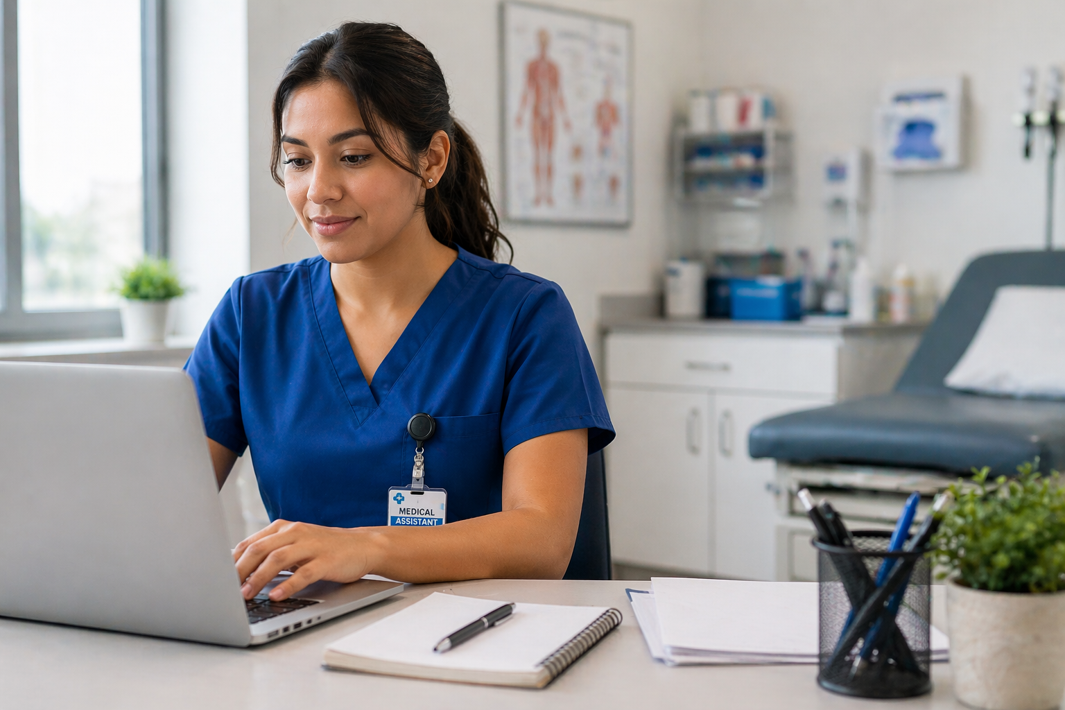Medical assistant working on a laptop in a clinic setting, representing how to pay for medical assistant training and start a healthcare career