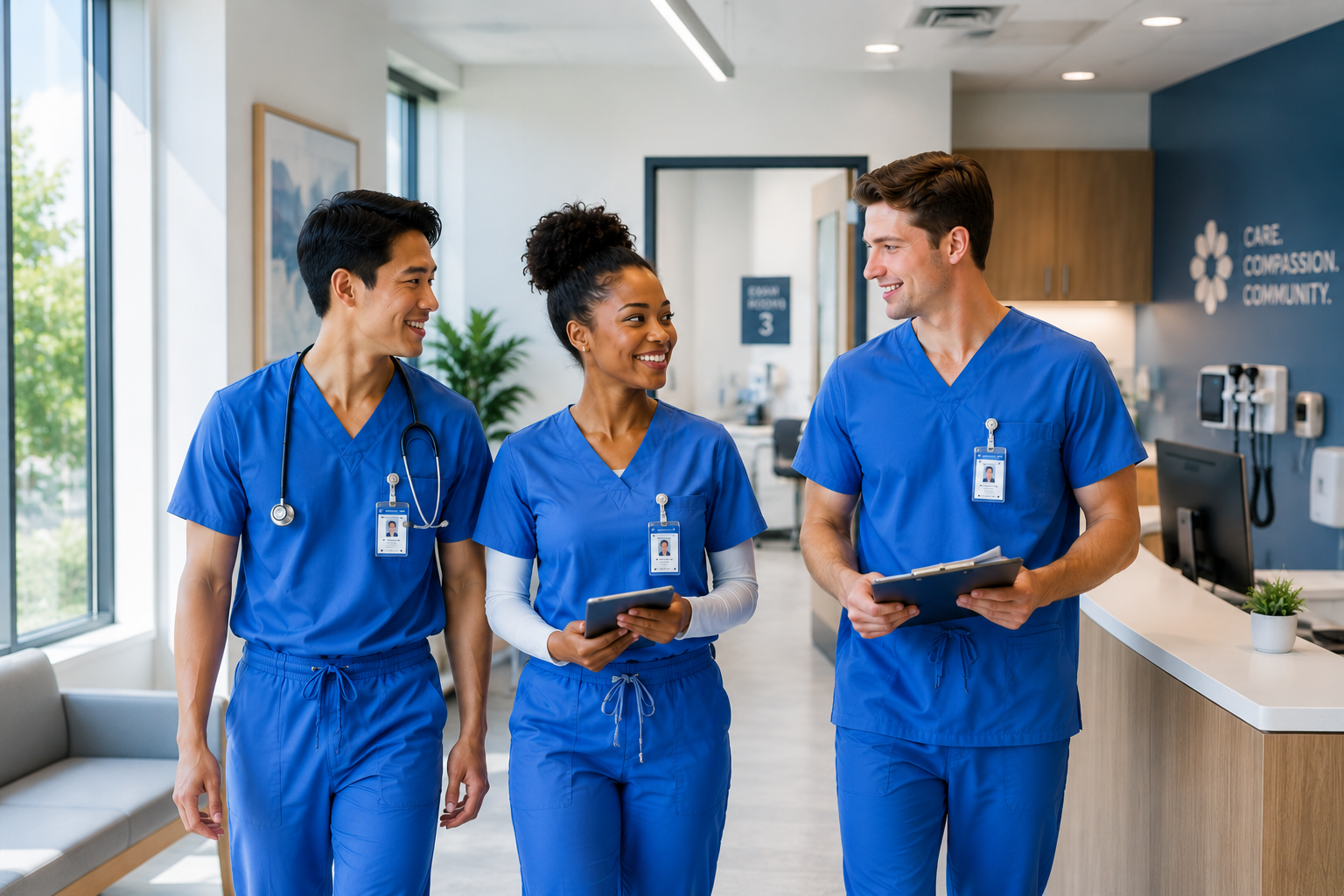 Diverse healthcare staff collaborating in a clinical setting while gaining experience, representing how to get healthcare experience in the U.S. as an international student