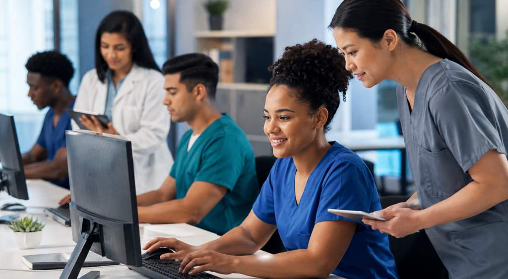 Diverse healthcare trainees using computers during EHR training online in a modern clinical classroom setting