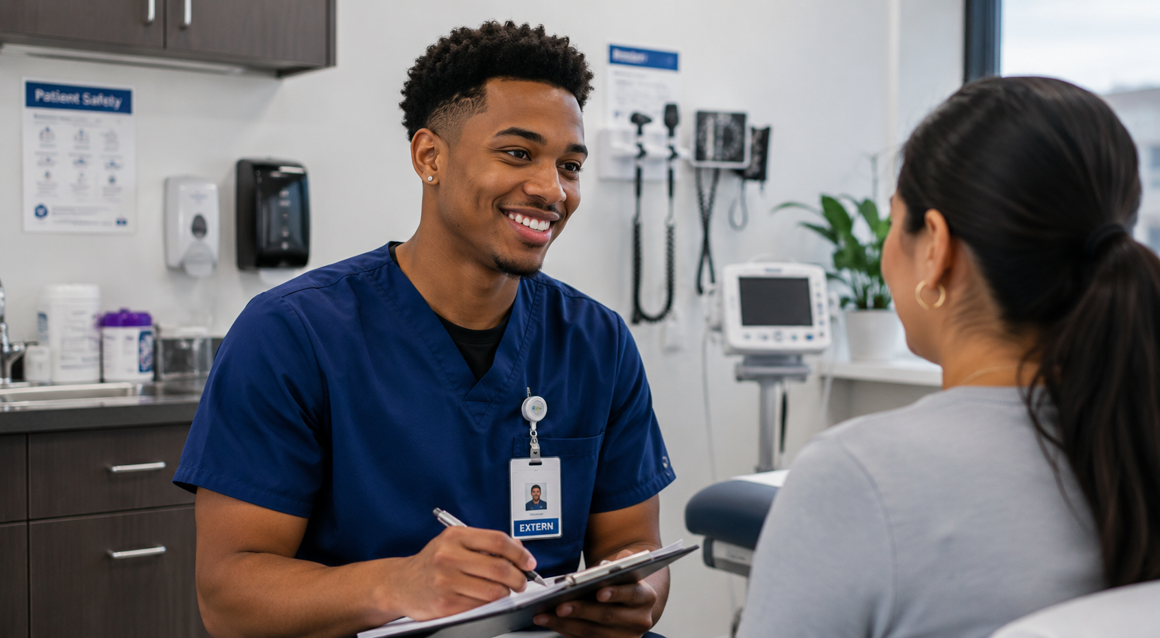 Healthcare extern completing hands-on clinical training with a patient during a healthcare externship program in a modern medical clinic.