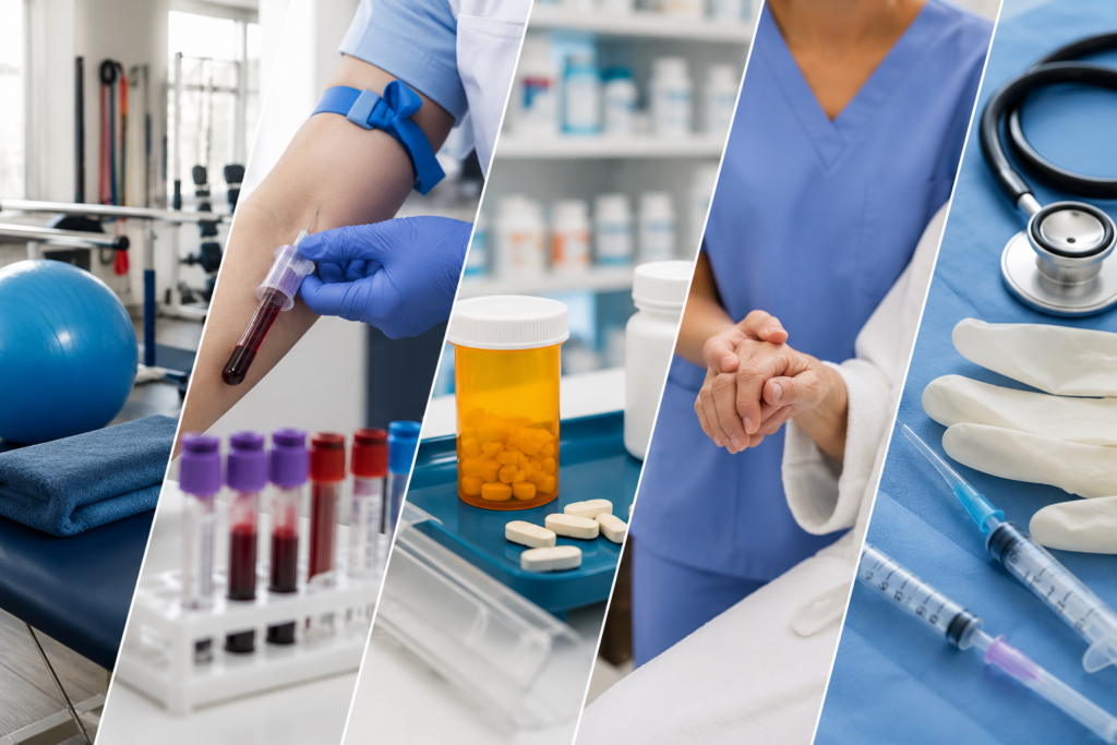 Healthcare professionals and medical training tools representing online healthcare certification programs.