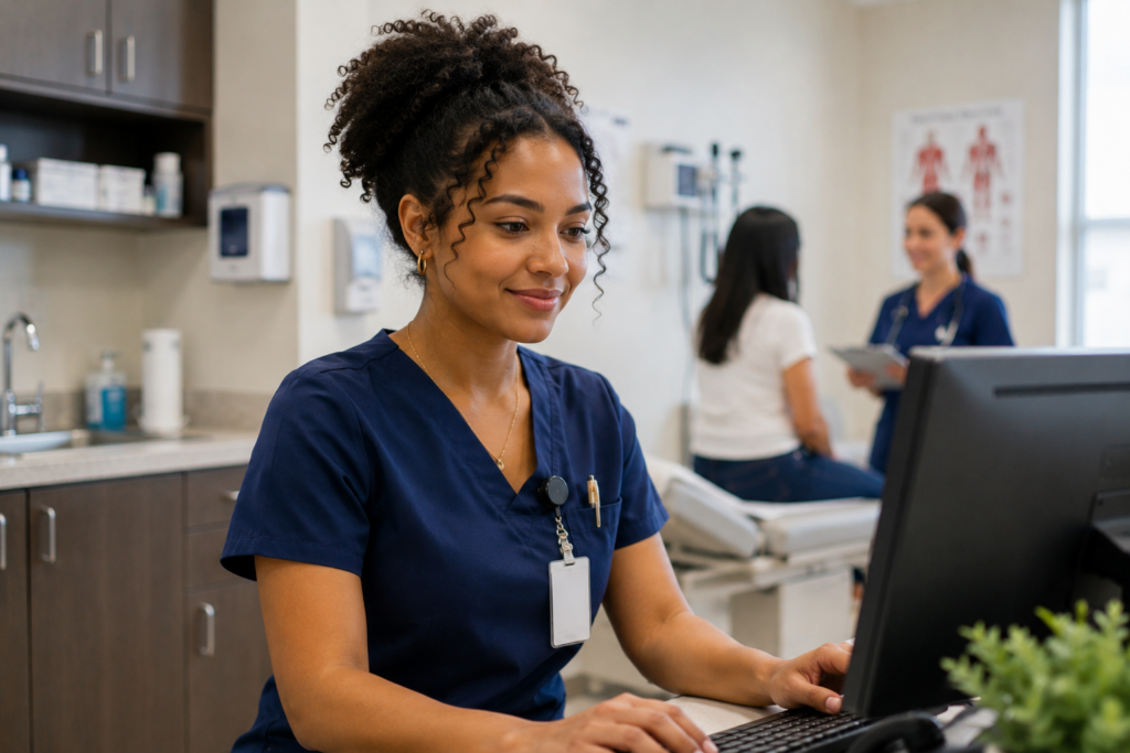 Medical assistant student working in a modern healthcare clinic during medical assistant training program