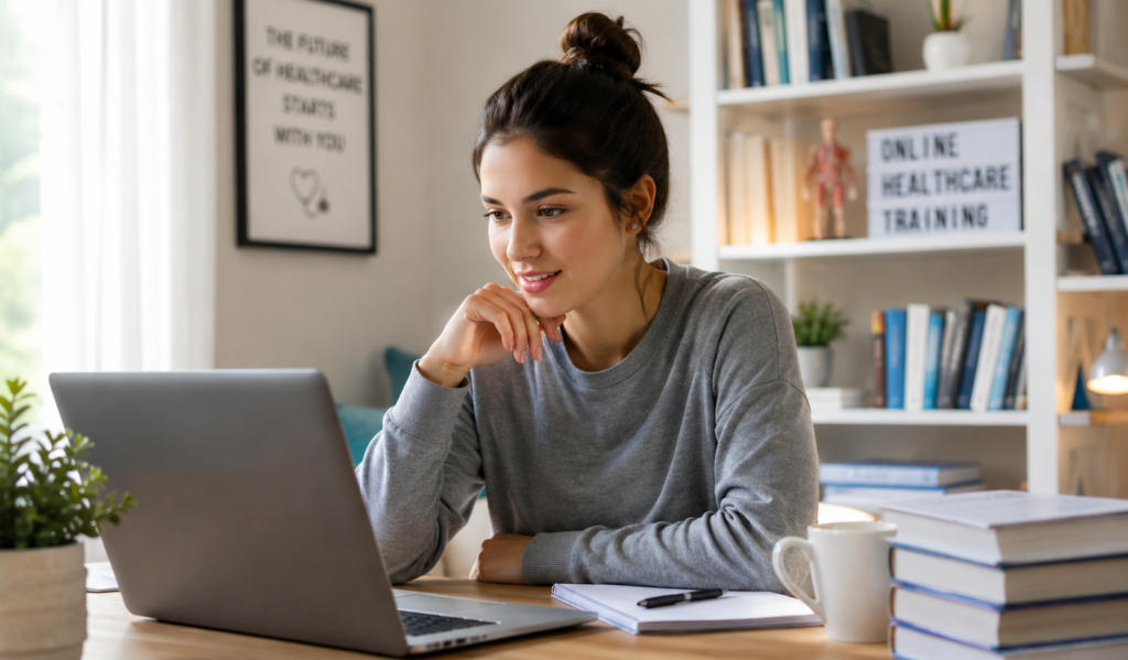Prospective student searching for online healthcare training programs on a laptop at home.