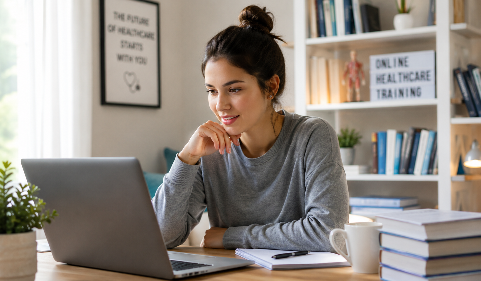 Prospective student searching for online healthcare training programs on a laptop at home.