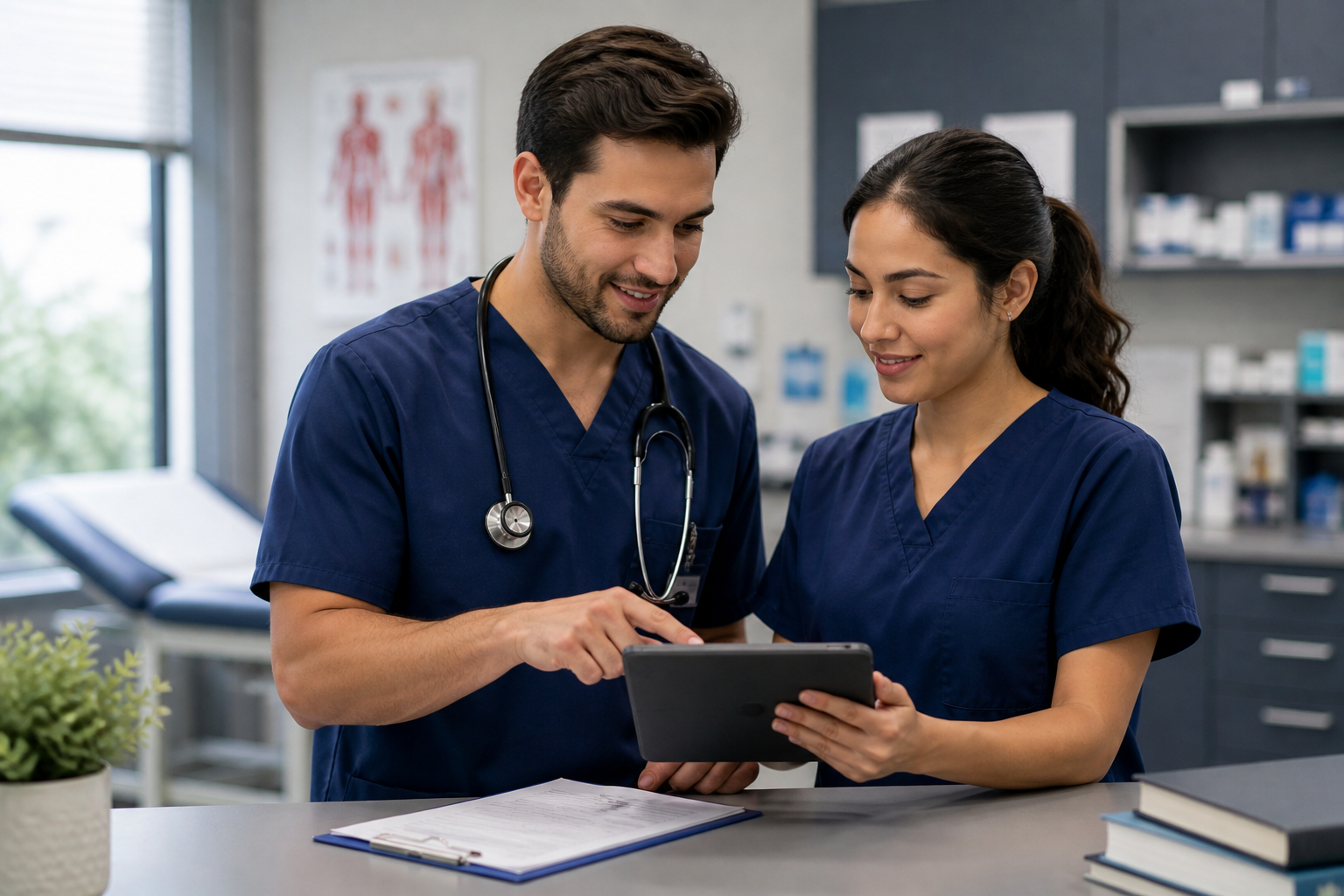 Healthcare professionals reviewing patient information in a clinical setting, representing how employers take online medical assistant programs seriously when candidates have real-world skills and experience