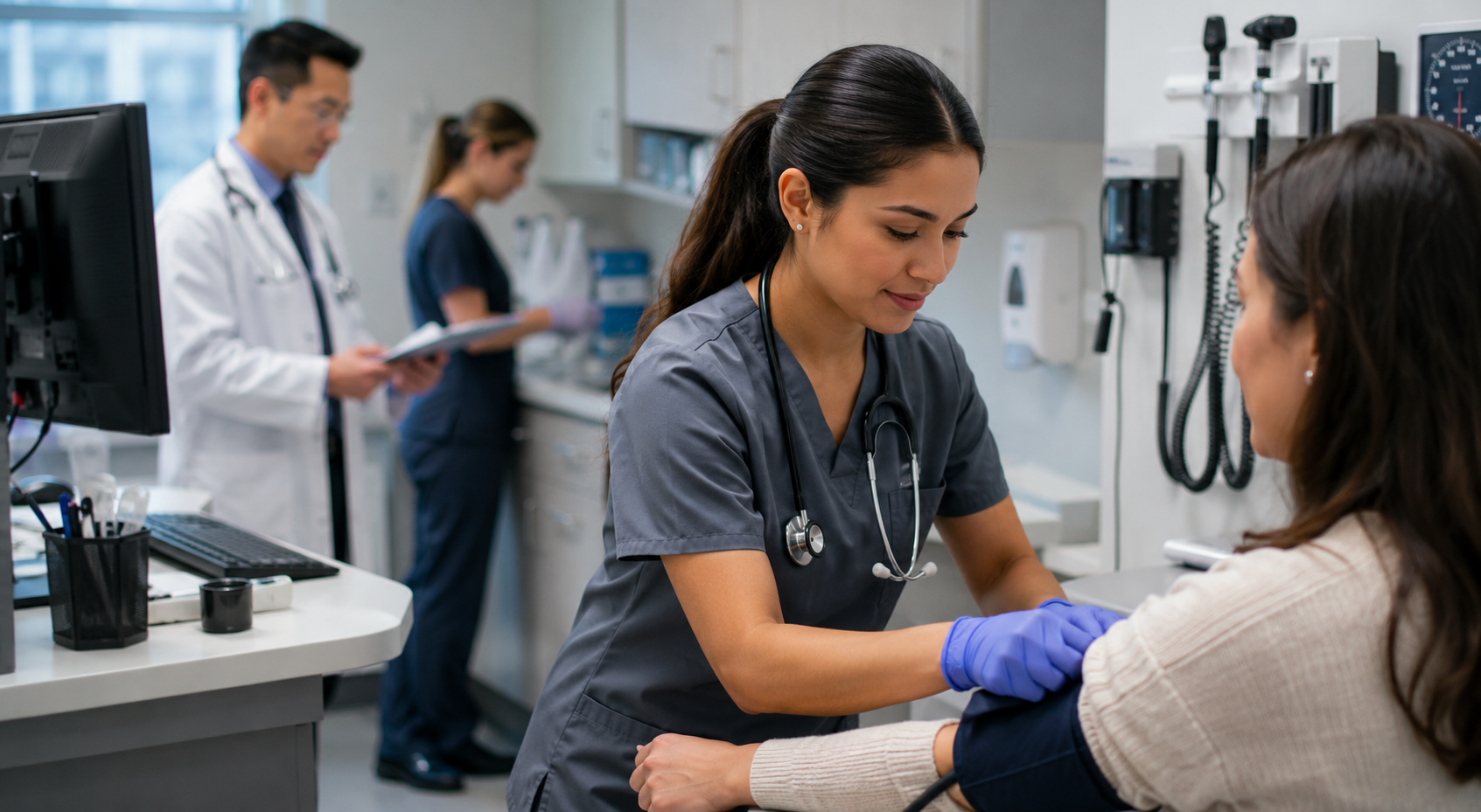 Medical assistant taking a patient’s blood pressure during a clinical visit in an outpatient healthcare setting