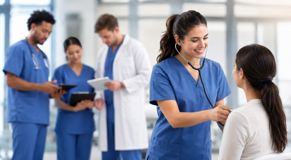 Medical assistant working with a patient in a clinic, showing how admissions committees evaluate clinical experience in 2026