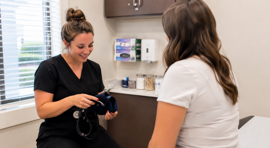 Healthcare student during an ACT externship placement preparing to take a patient's vital signs