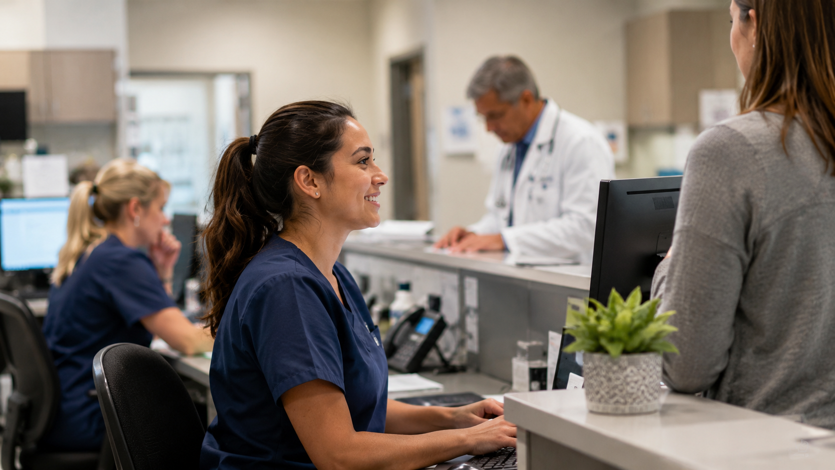 Fast healthcare careers in a modern outpatient healthcare clinic with Medical Assistants supporting patients and administrative operations.