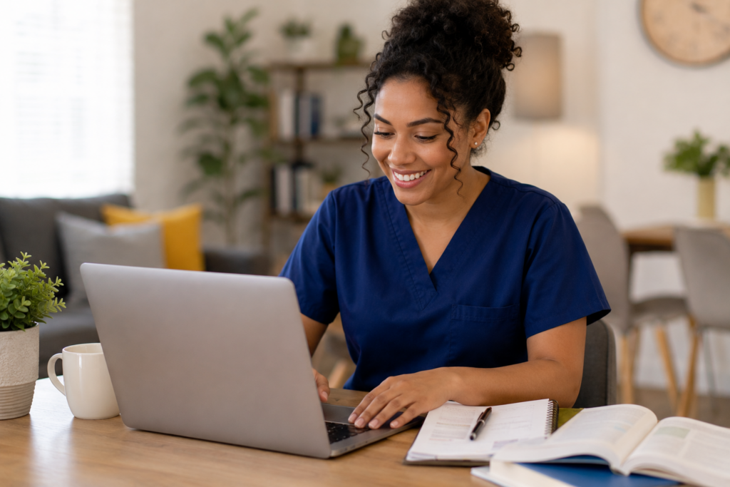 Student in medical scrubs completing an online medical assistant certification program on a laptop while studying from home.