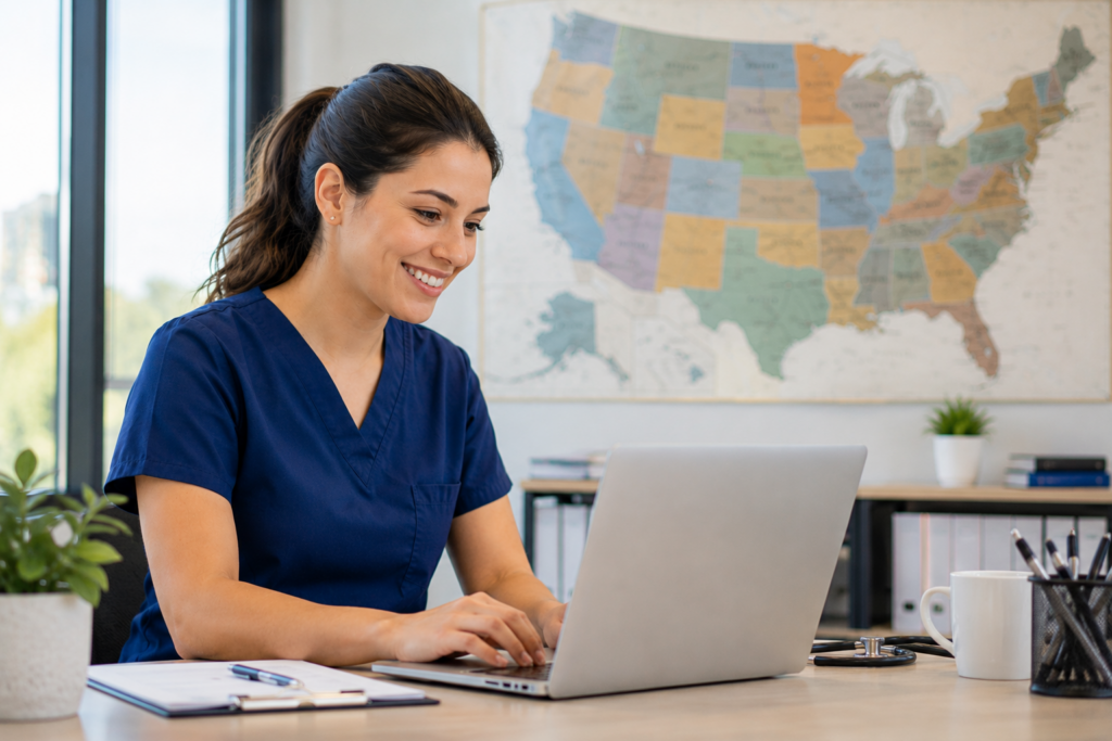 Medical assistant salary by state comparison showing a medical assistant working on a laptop with a U.S. map displayed in the background.