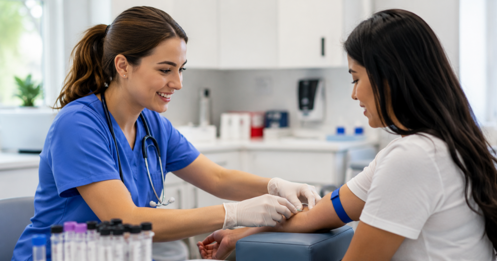 Advanced eClinical Training reviews featuring a medical assistant providing patient care in a clinical setting