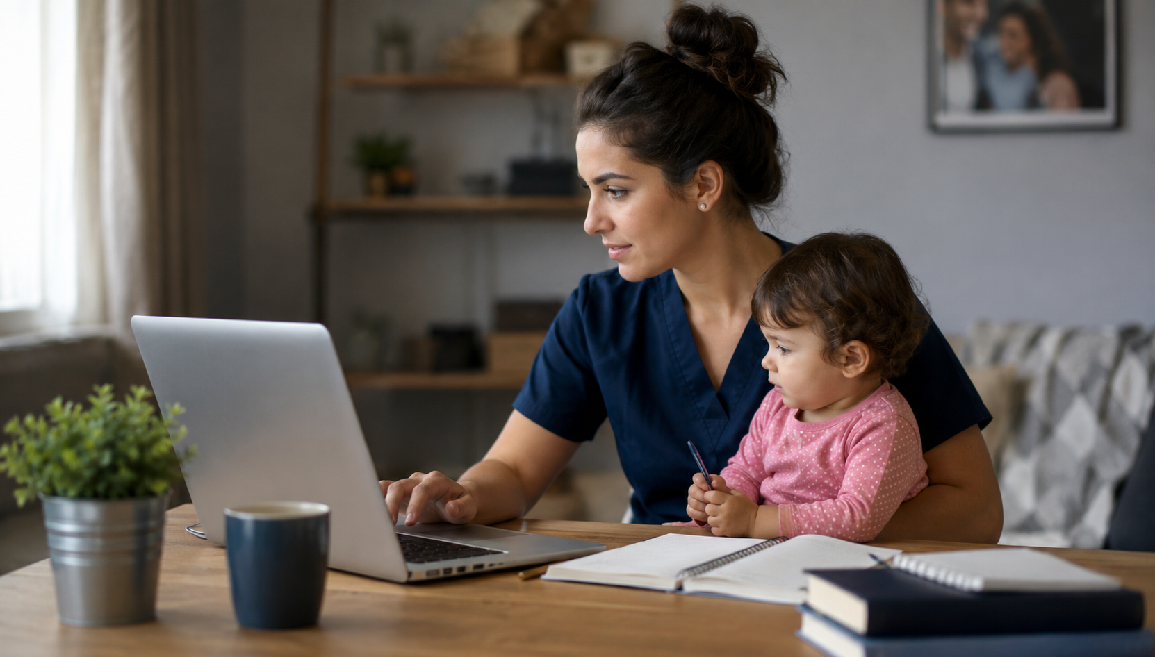 Busy parent completing online medical assistant certifications for parents on a laptop while balancing childcare.