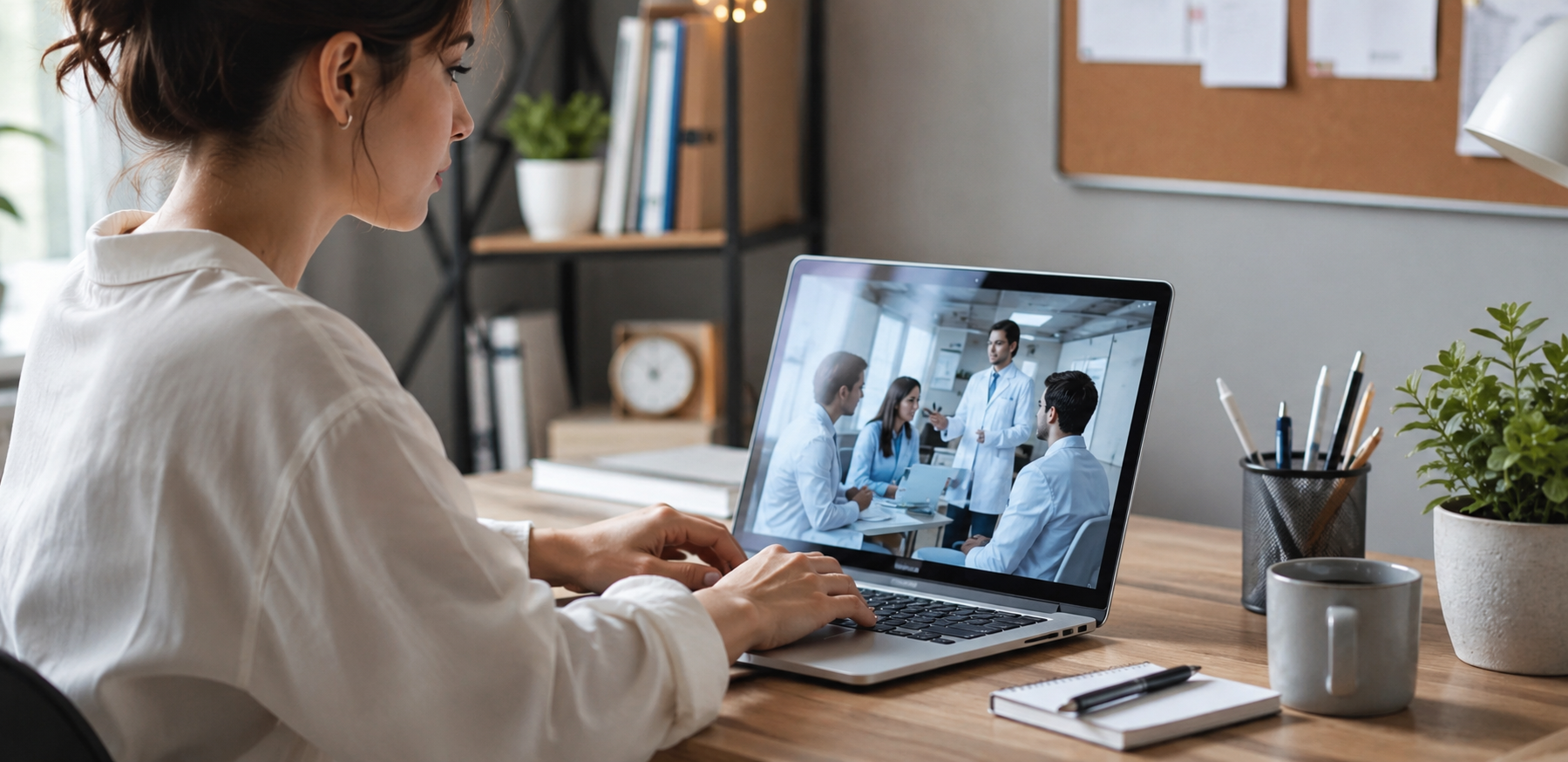 Student completing affordable accredited online clinical training programs from a home office using a laptop and study materials.