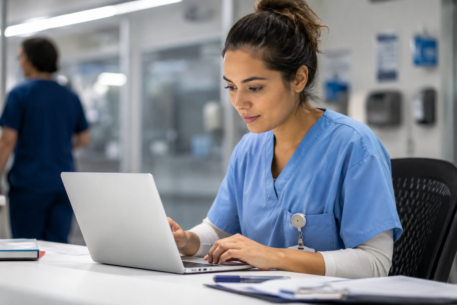 Online clinical training student completing accredited healthcare coursework on a laptop in a modern clinical setting.