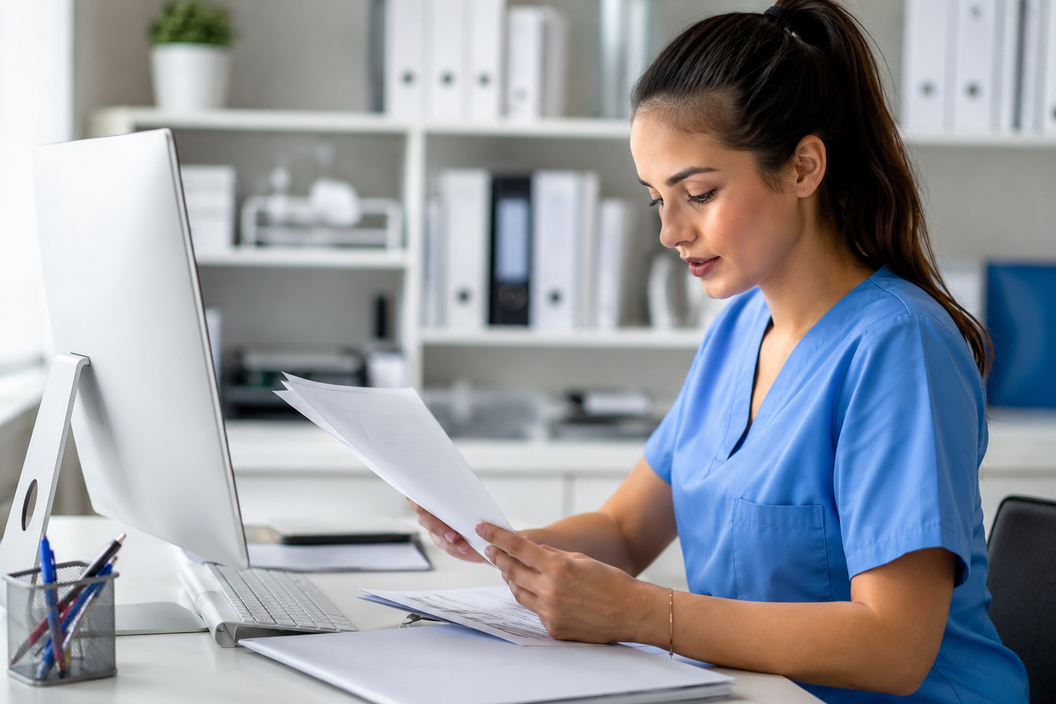 Medical assistant resume examples showing a certified medical assistant reviewing a resume and application documents in a modern healthcare office before a job interview.