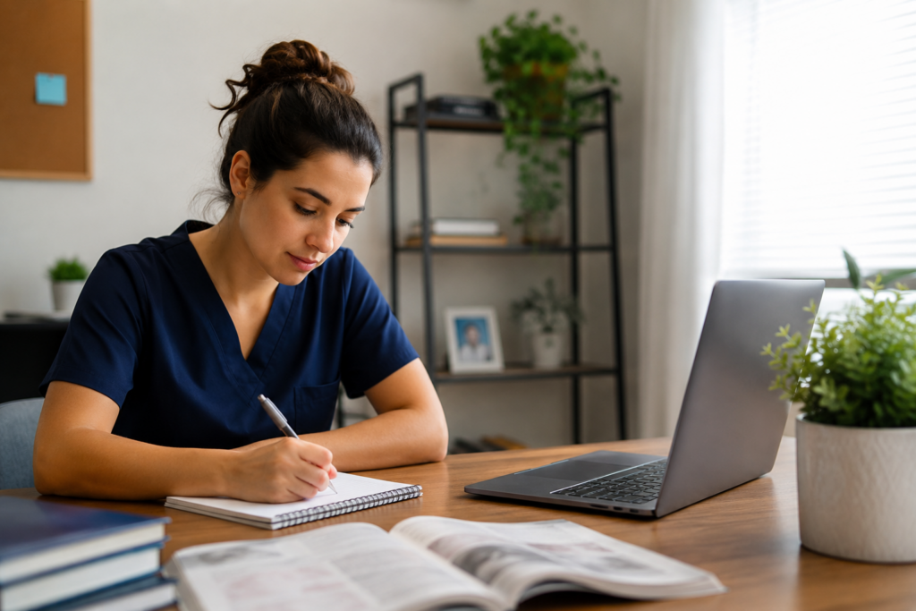 Student completing online coursework at home for an article about how long does it take to complete an online medical assistant program.