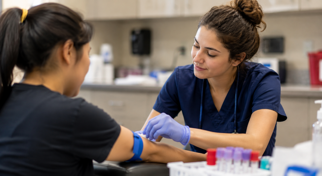 Student gaining hands-on clinical experience as part of a pre-med online health certificate program by practicing phlebotomy skills in a healthcare setting.