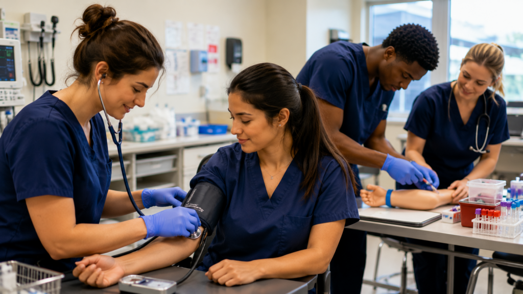 College-aged students practicing patient care skills in a clinical training lab, representing the best clinical certification programs for pre-nursing students.