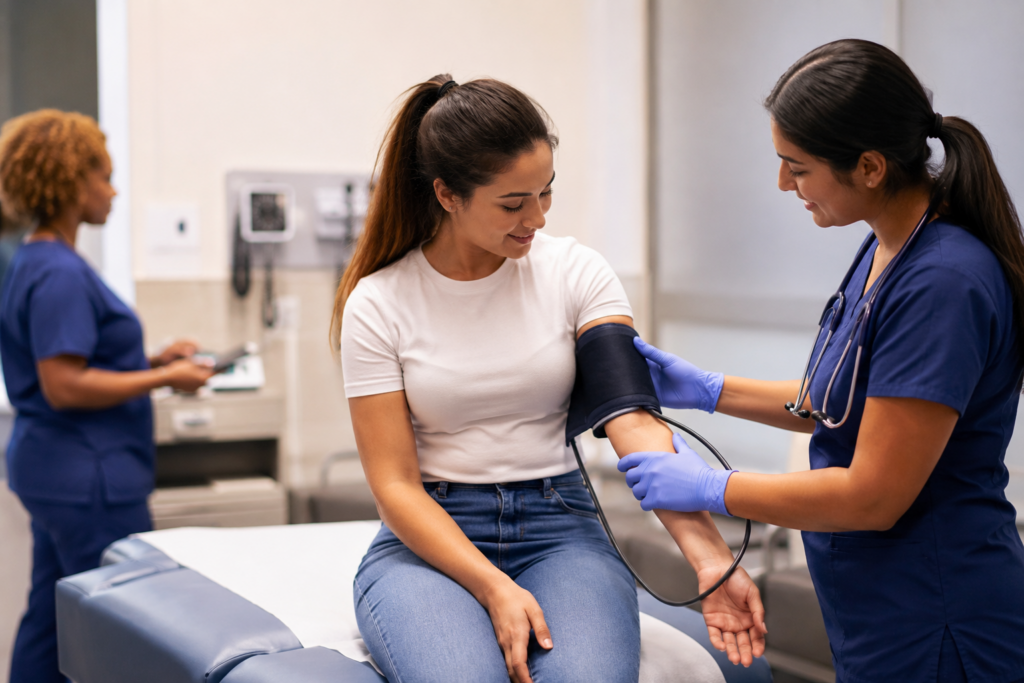 Student receiving hands-on patient care training in a clinical setting as part of clinical certification programs for pre-med students.